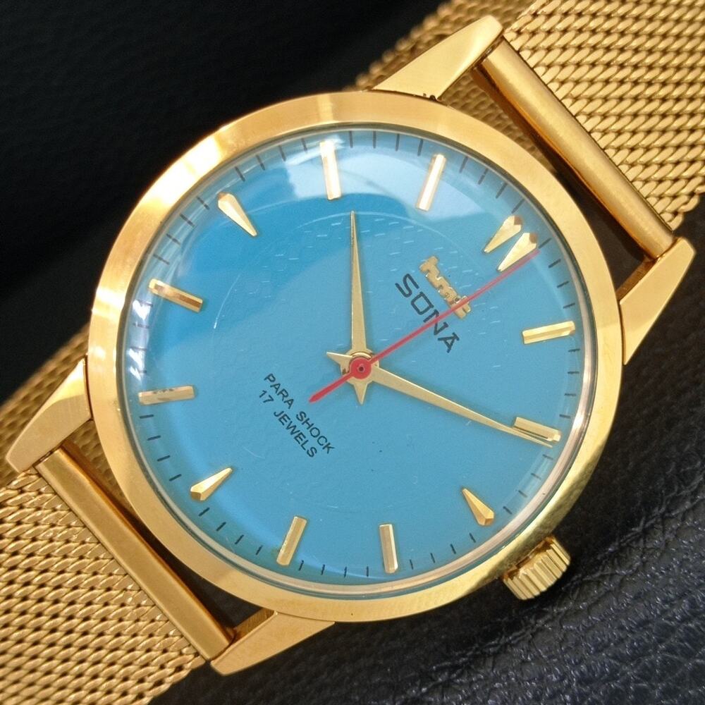 Vintage 1984 HMT Manual Wound Mens Gold Watch & Blue accents